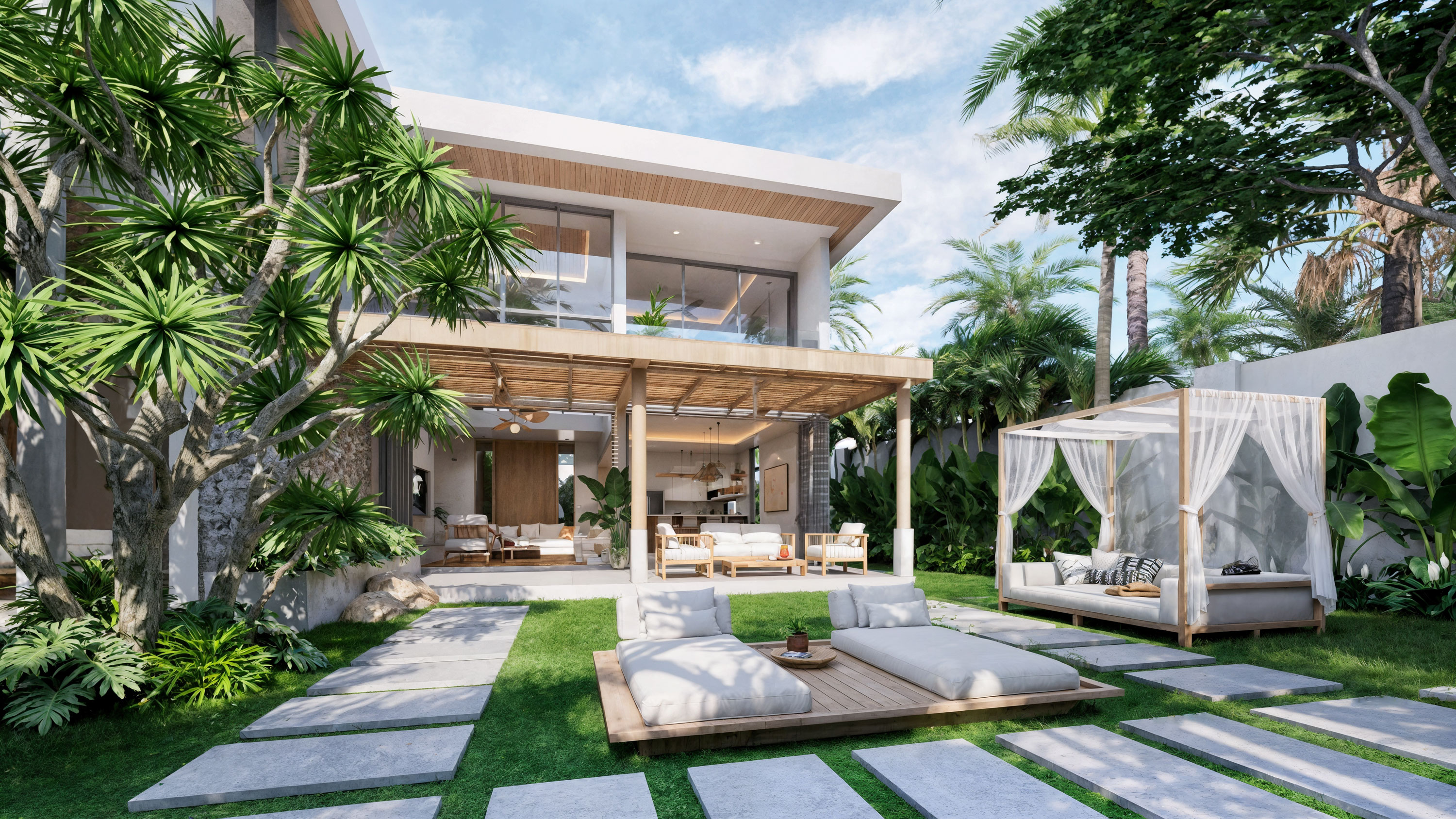 Villa rear with canopy lounge and tropical garden